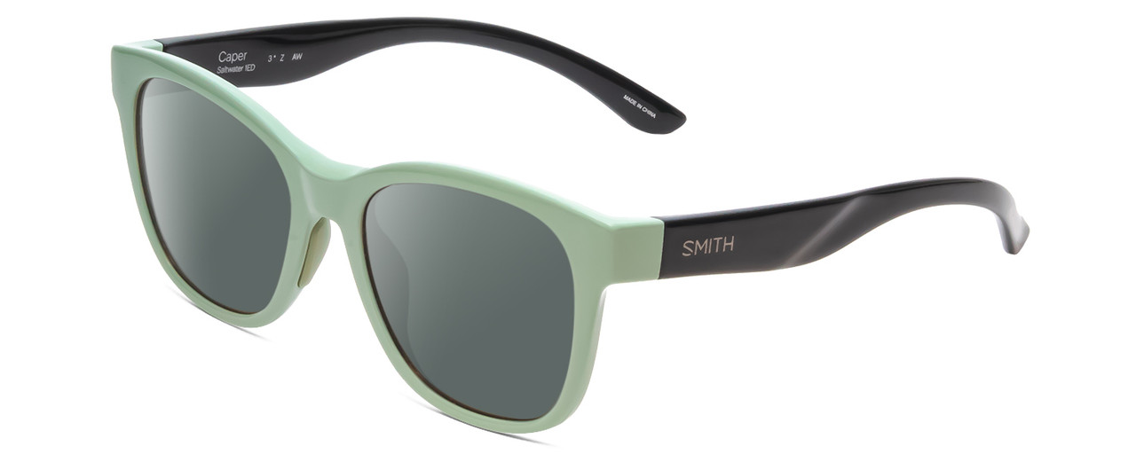 Profile View of Smith Optics Caper Designer Polarized Sunglasses with Custom Cut Smoke Grey Lenses in Saltwater Green Blue Ladies Cateye Full Rim Acetate 53 mm