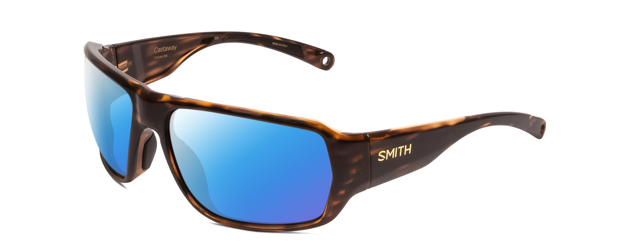 Profile View of Smith Optics Castaway Designer Polarized Sunglasses with Custom Cut Blue Mirror Lenses in Tortoise Havana Brown Gold Unisex Wrap Full Rim Acetate 63 mm