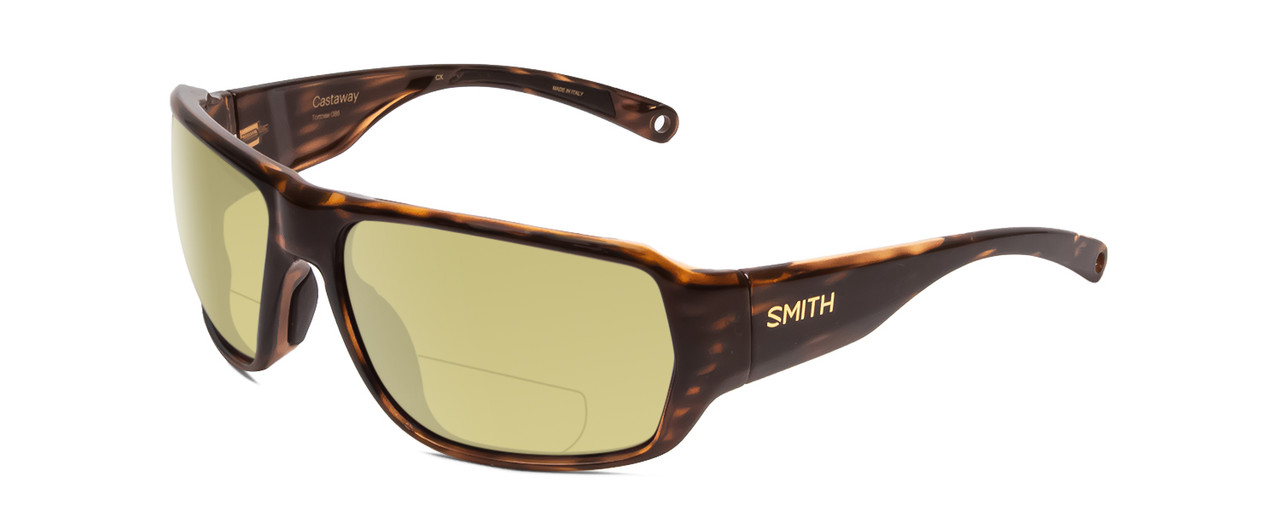 Profile View of Smith Optics Castaway Designer Polarized Reading Sunglasses with Custom Cut Powered Sun Flower Yellow Lenses in Tortoise Havana Brown Gold Unisex Wrap Full Rim Acetate 63 mm