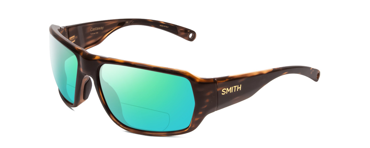 Profile View of Smith Optics Castaway Designer Polarized Reading Sunglasses with Custom Cut Powered Green Mirror Lenses in Tortoise Havana Brown Gold Unisex Wrap Full Rim Acetate 63 mm