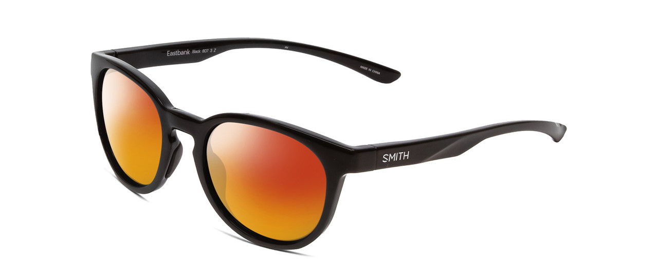 Profile View of Smith Optics Eastbank Designer Polarized Sunglasses with Custom Cut Red Mirror Lenses in Gloss Black Unisex Round Full Rim Acetate 52 mm