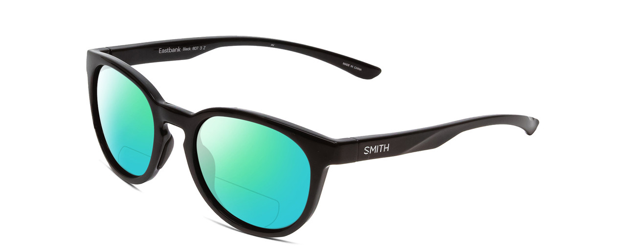 Profile View of Smith Optics Eastbank Designer Polarized Reading Sunglasses with Custom Cut Powered Green Mirror Lenses in Gloss Black Unisex Round Full Rim Acetate 52 mm