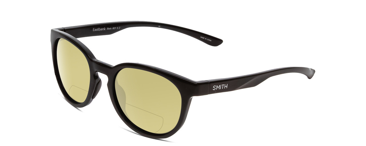 Profile View of Smith Optics Eastbank Designer Polarized Reading Sunglasses with Custom Cut Powered Sun Flower Yellow Lenses in Gloss Black Unisex Round Full Rim Acetate 52 mm