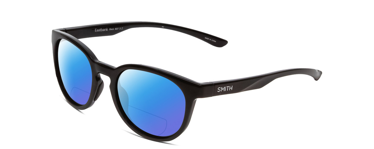 Profile View of Smith Optics Eastbank Designer Polarized Reading Sunglasses with Custom Cut Powered Blue Mirror Lenses in Gloss Black Unisex Round Full Rim Acetate 52 mm