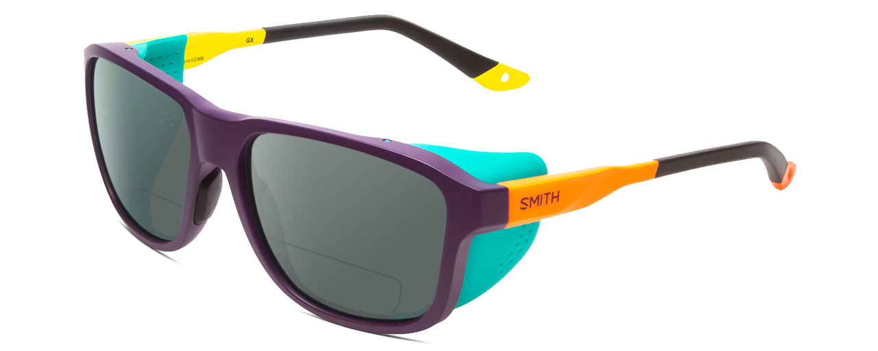 Profile View of Smith Optics Embark Designer Polarized Reading Sunglasses with Custom Cut Powered Smoke Grey Lenses in Purple Cinder Brown Orange Hi Viz Unisex Wrap Full Rim Acetate 58 mm