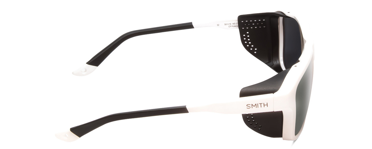 Side View of Smith Embark Wrap Sunglasses in White & ChromaPop Polarized Platinum Mirror 58mm