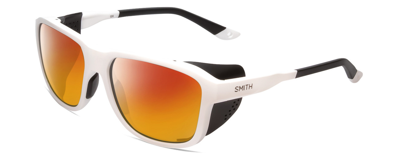 Profile View of Smith Optics Embark Designer Polarized Sunglasses with Custom Cut Red Mirror Lenses in White Unisex Wrap Full Rim Acetate 58 mm