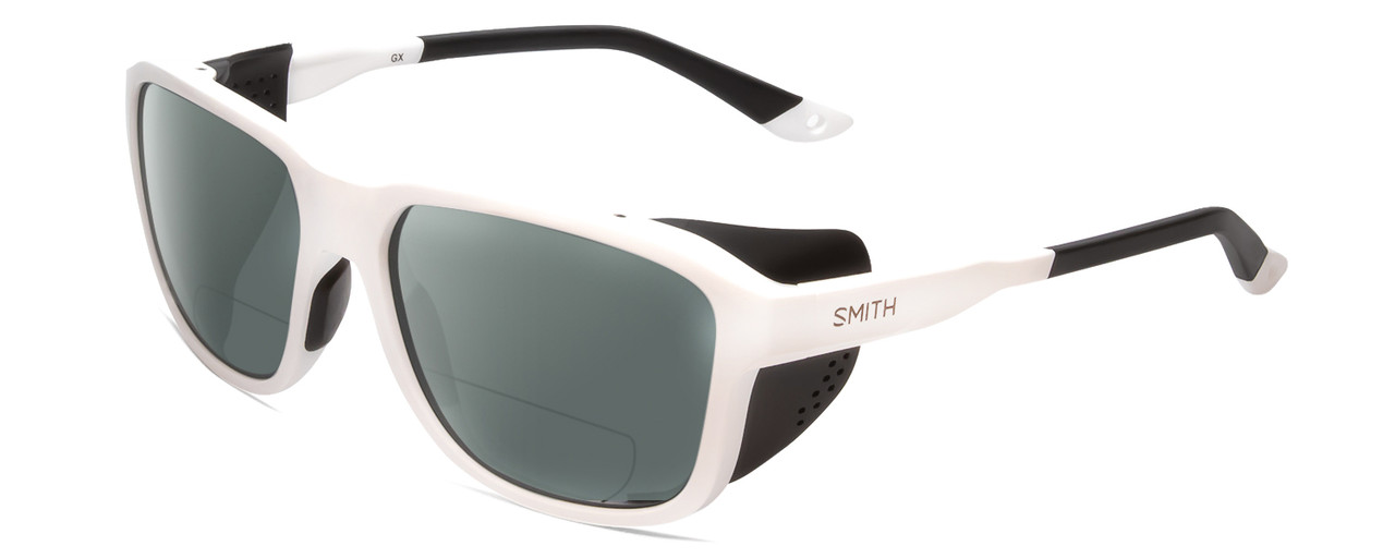 Profile View of Smith Optics Embark Designer Polarized Reading Sunglasses with Custom Cut Powered Smoke Grey Lenses in White Unisex Wrap Full Rim Acetate 58 mm