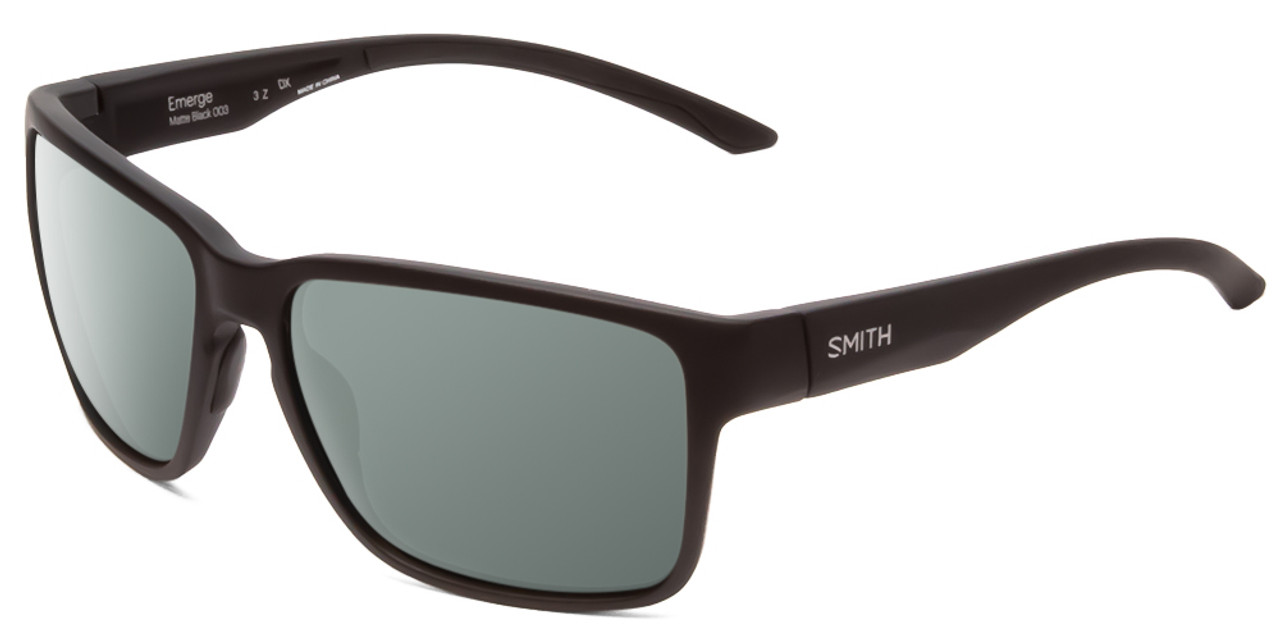 Profile View of Smith Optics Emerge Designer Polarized Sunglasses with Custom Cut Smoke Grey Lenses in Matte Black Unisex Square Full Rim Acetate 60 mm
