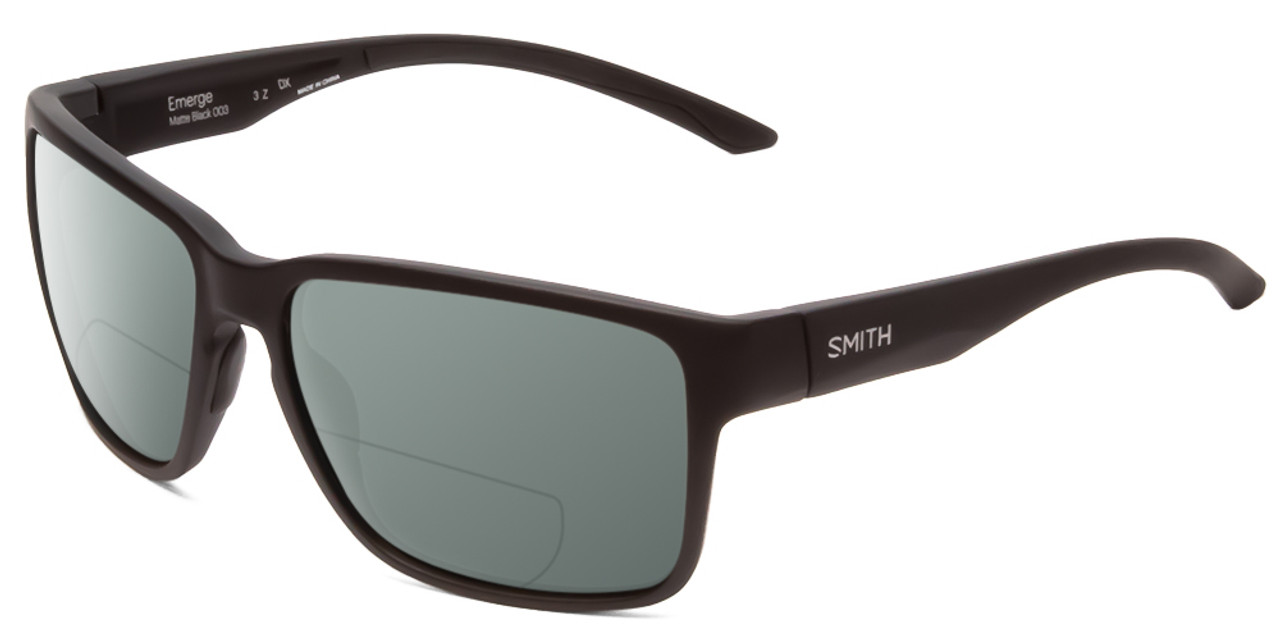 Profile View of Smith Optics Emerge Designer Polarized Reading Sunglasses with Custom Cut Powered Smoke Grey Lenses in Matte Black Unisex Square Full Rim Acetate 60 mm