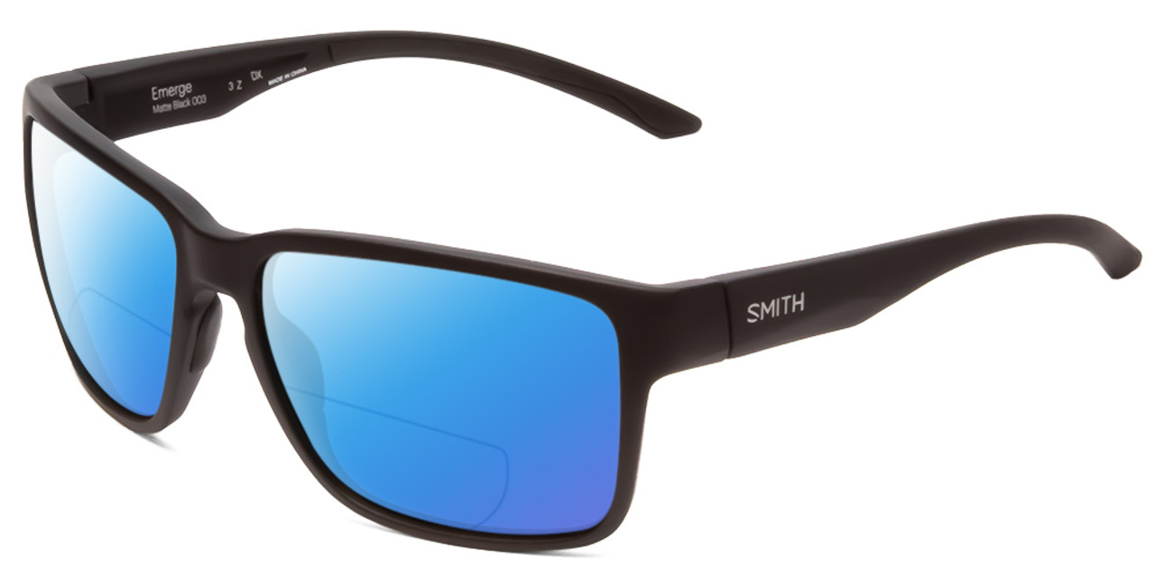 Profile View of Smith Optics Emerge Designer Polarized Reading Sunglasses with Custom Cut Powered Blue Mirror Lenses in Matte Black Unisex Square Full Rim Acetate 60 mm