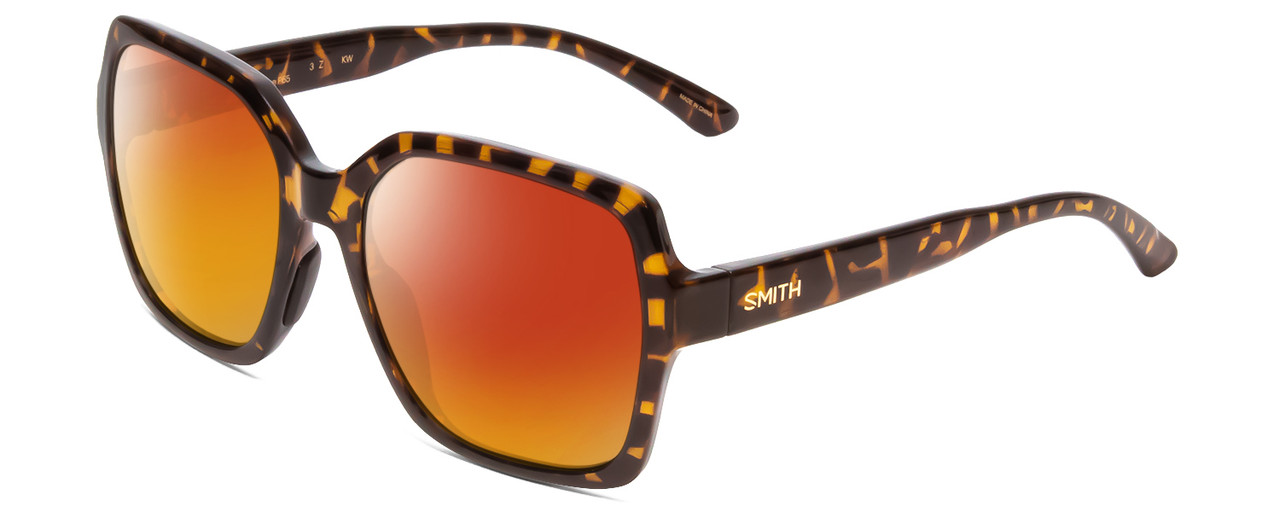 Profile View of Smith Optics Flare Designer Polarized Sunglasses with Custom Cut Red Mirror Lenses in Vintage Tortoise Havana Gold Ladies Oversized Full Rim Acetate 57 mm