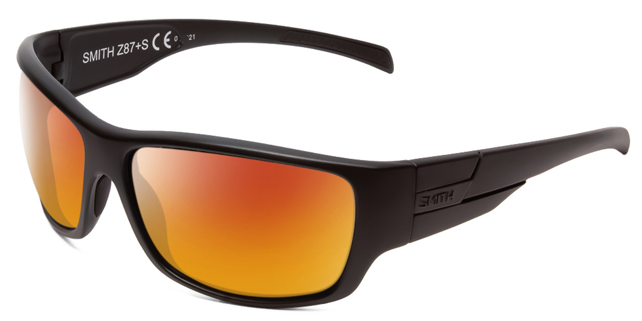 Profile View of Smith Optics Frontman Elite Designer Polarized Sunglasses with Custom Cut Red Mirror Lenses in Gloss Black Unisex Wrap Full Rim Acetate 61 mm