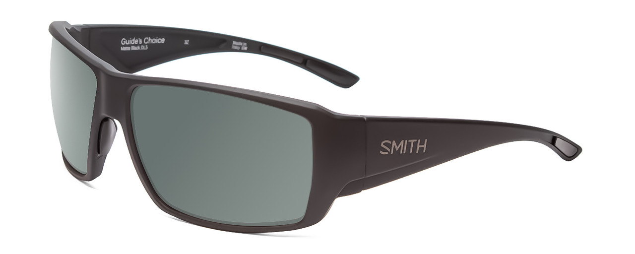 Profile View of Smith Optics Guides Choice Designer Polarized Sunglasses with Custom Cut Smoke Grey Lenses in Matte Black  Unisex Rectangle Full Rim Acetate 62 mm