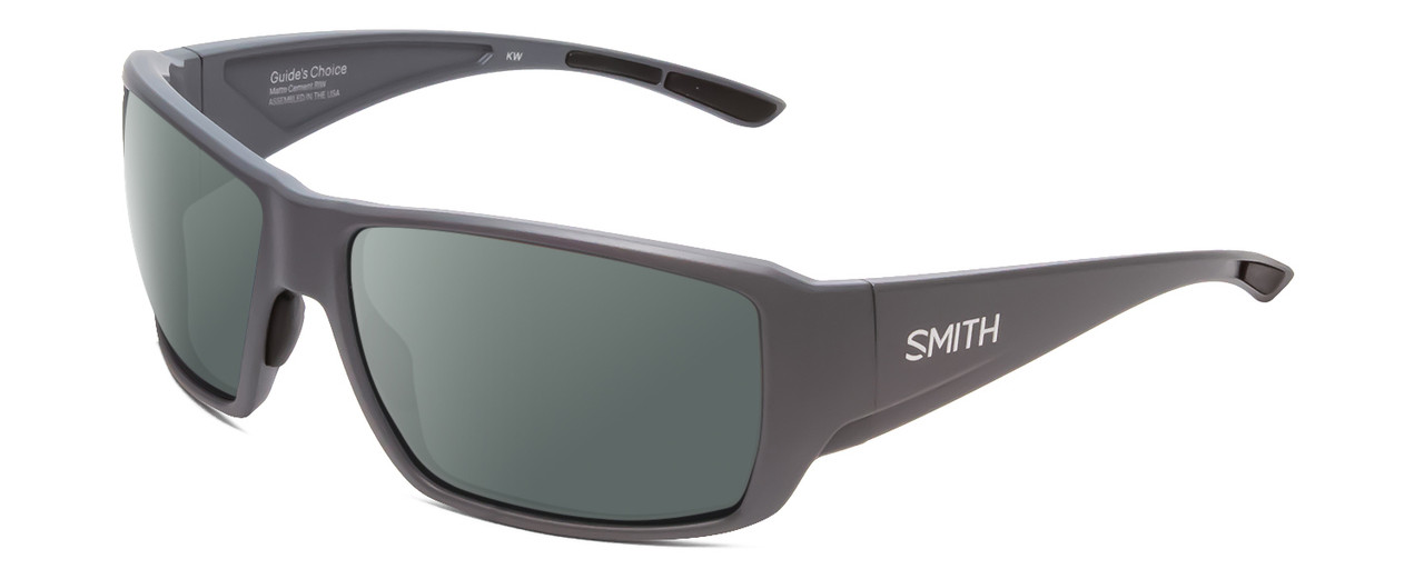 Profile View of Smith Optics Guides Choice Designer Polarized Sunglasses with Custom Cut Smoke Grey Lenses in Matte Cement Grey Unisex Rectangle Full Rim Acetate 62 mm