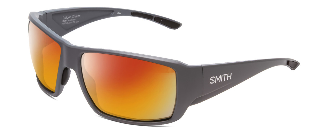 Profile View of Smith Optics Guides Choice Designer Polarized Sunglasses with Custom Cut Red Mirror Lenses in Matte Cement Grey Unisex Rectangle Full Rim Acetate 62 mm
