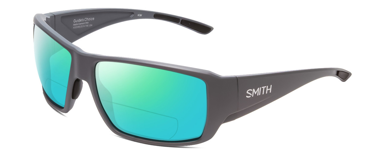 Profile View of Smith Optics Guides Choice Designer Polarized Reading Sunglasses with Custom Cut Powered Green Mirror Lenses in Matte Cement Grey Unisex Rectangle Full Rim Acetate 62 mm