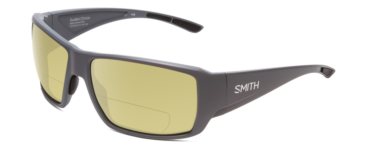 Profile View of Smith Optics Guides Choice Designer Polarized Reading Sunglasses with Custom Cut Powered Sun Flower Yellow Lenses in Matte Cement Grey Unisex Rectangle Full Rim Acetate 62 mm