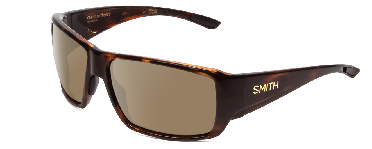 Profile View of Smith Optics Guides Choice Designer Polarized Sunglasses with Custom Cut Amber Brown Lenses in Tortoise Havana Brown Gold Unisex Rectangle Full Rim Acetate 62 mm