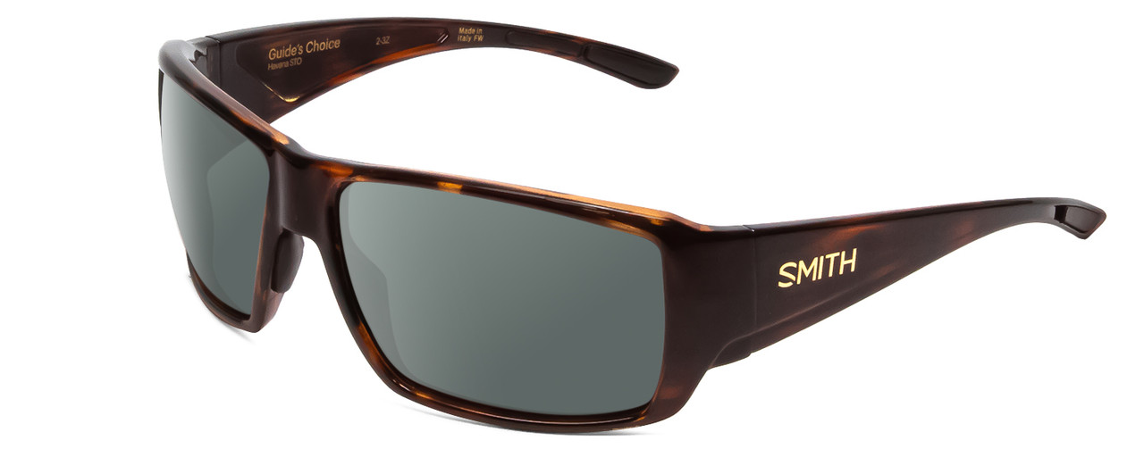 Profile View of Smith Optics Guides Choice Designer Polarized Sunglasses with Custom Cut Smoke Grey Lenses in Tortoise Havana Brown Gold Unisex Rectangle Full Rim Acetate 62 mm