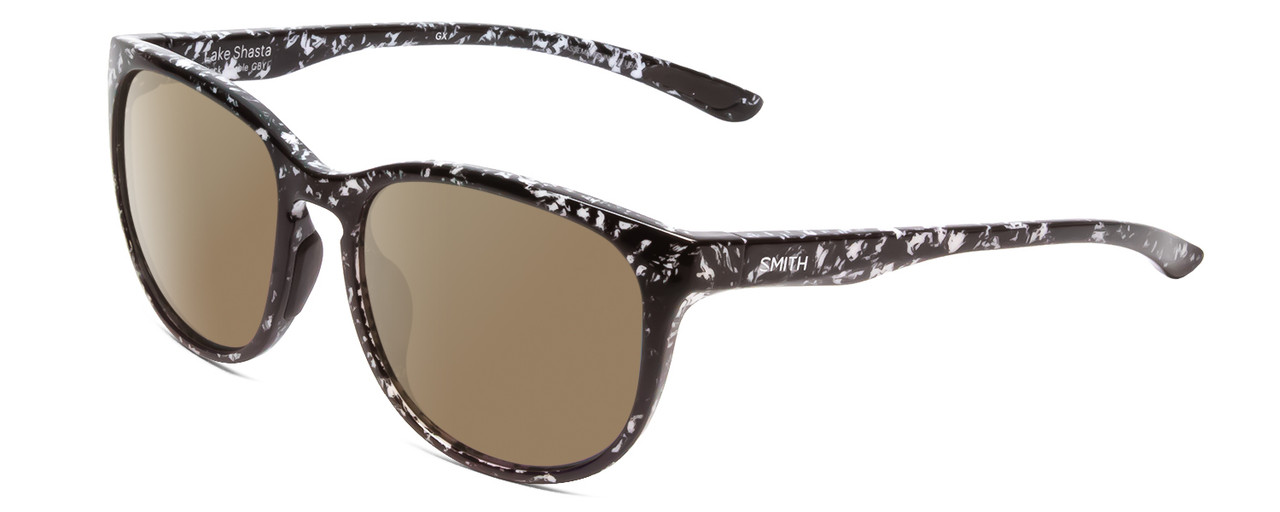 Profile View of Smith Optics Lake Shasta Designer Polarized Sunglasses with Custom Cut Amber Brown Lenses in Black Marble Tortoise Unisex Cateye Full Rim Acetate 56 mm