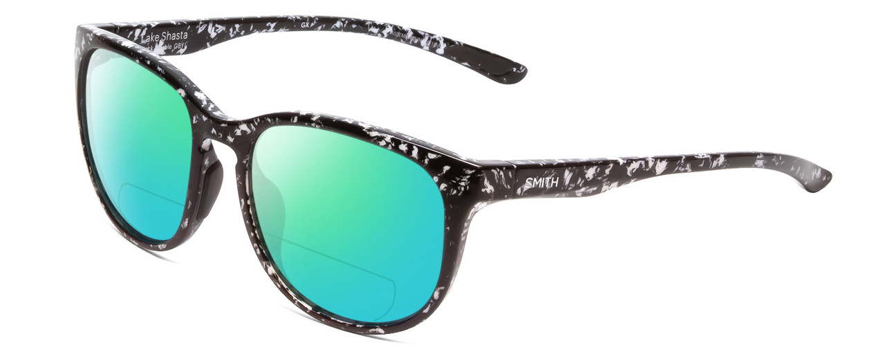 Profile View of Smith Optics Lake Shasta Designer Polarized Reading Sunglasses with Custom Cut Powered Green Mirror Lenses in Black Marble Tortoise Unisex Cateye Full Rim Acetate 56 mm