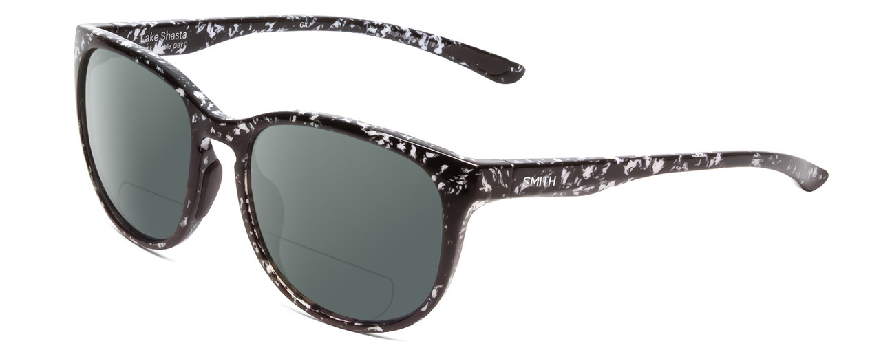 Profile View of Smith Optics Lake Shasta Designer Polarized Reading Sunglasses with Custom Cut Powered Smoke Grey Lenses in Black Marble Tortoise Unisex Cateye Full Rim Acetate 56 mm
