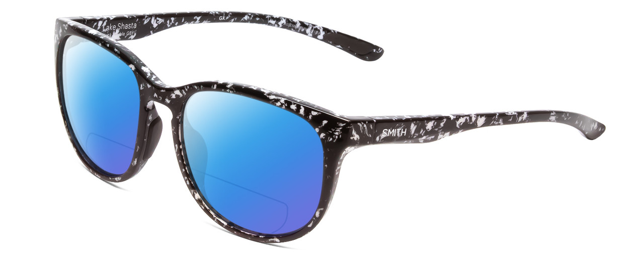 Profile View of Smith Optics Lake Shasta Designer Polarized Reading Sunglasses with Custom Cut Powered Blue Mirror Lenses in Black Marble Tortoise Unisex Cateye Full Rim Acetate 56 mm