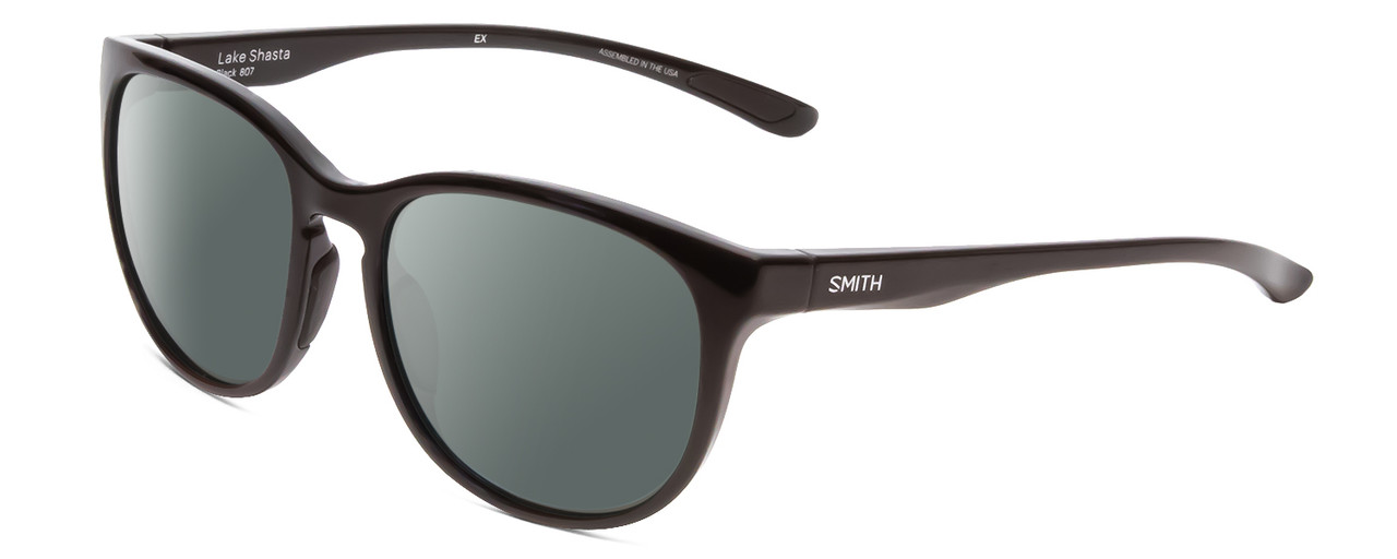 Profile View of Smith Optics Lake Shasta Designer Polarized Sunglasses with Custom Cut Smoke Grey Lenses in Gloss Black Unisex Cateye Full Rim Acetate 56 mm