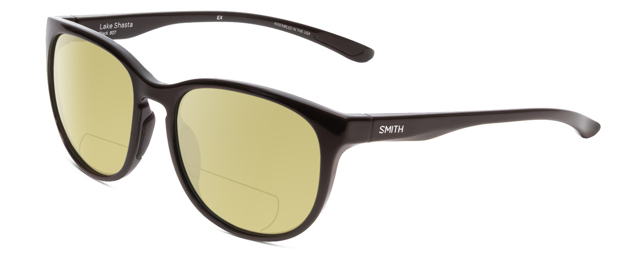 Profile View of Smith Optics Lake Shasta Designer Polarized Reading Sunglasses with Custom Cut Powered Sun Flower Yellow Lenses in Gloss Black Unisex Cateye Full Rim Acetate 56 mm