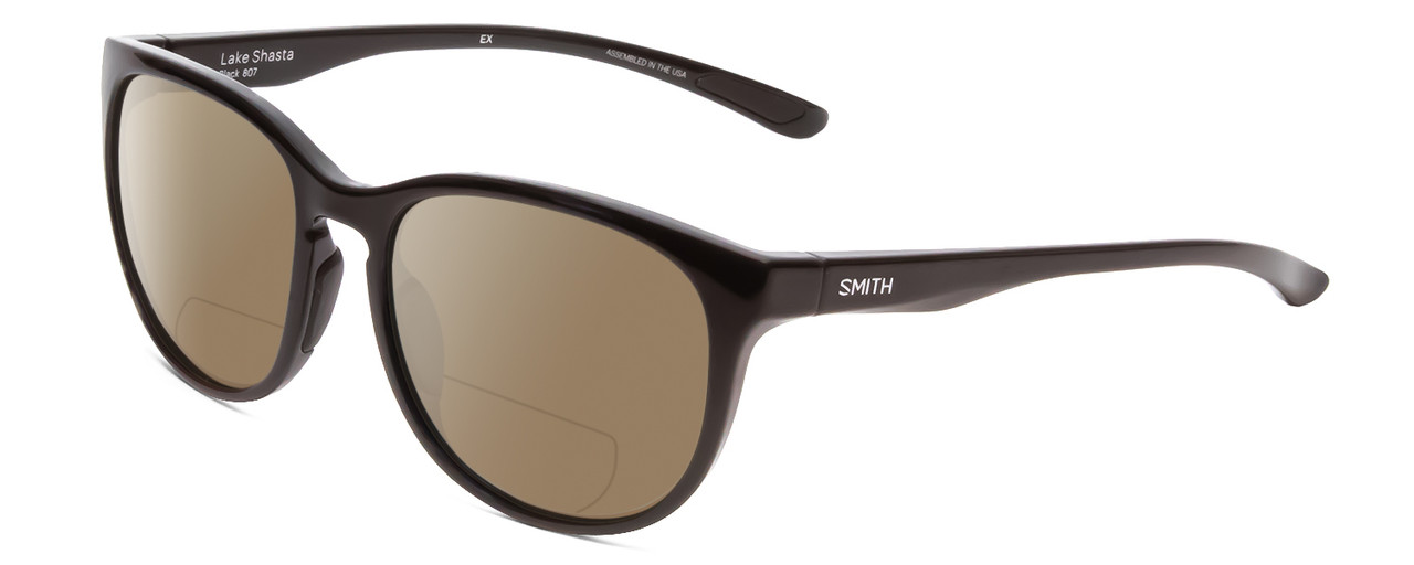 Profile View of Smith Optics Lake Shasta Designer Polarized Reading Sunglasses with Custom Cut Powered Amber Brown Lenses in Gloss Black Unisex Cateye Full Rim Acetate 56 mm