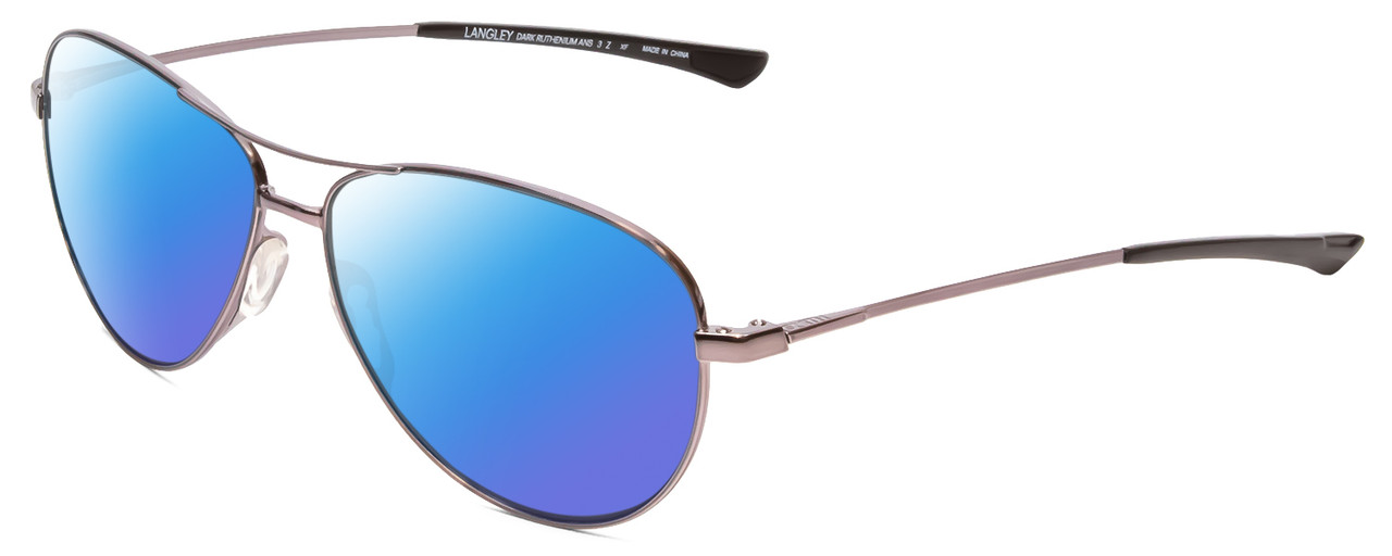 Profile View of Smith Optics Langley Designer Polarized Sunglasses with Custom Cut Blue Mirror Lenses in Dark Ruthenium Silver Black Unisex Pilot Full Rim Metal 60 mm