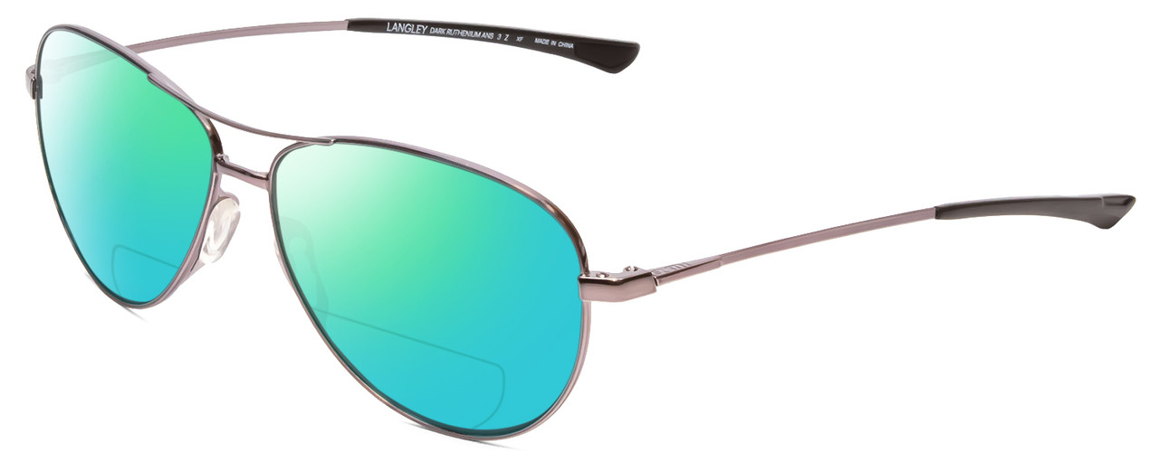 Profile View of Smith Optics Langley Designer Polarized Reading Sunglasses with Custom Cut Powered Green Mirror Lenses in Dark Ruthenium Silver Black Unisex Pilot Full Rim Metal 60 mm