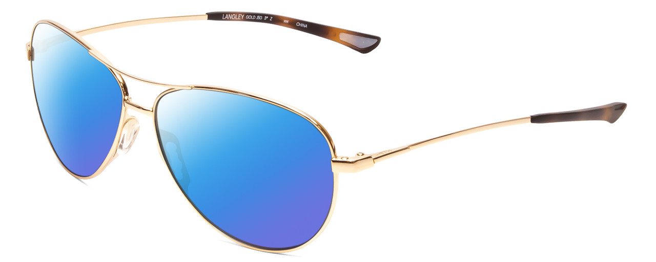 Profile View of Smith Optics Langley Designer Polarized Sunglasses with Custom Cut Blue Mirror Lenses in Gold Unisex Pilot Full Rim Metal 60 mm