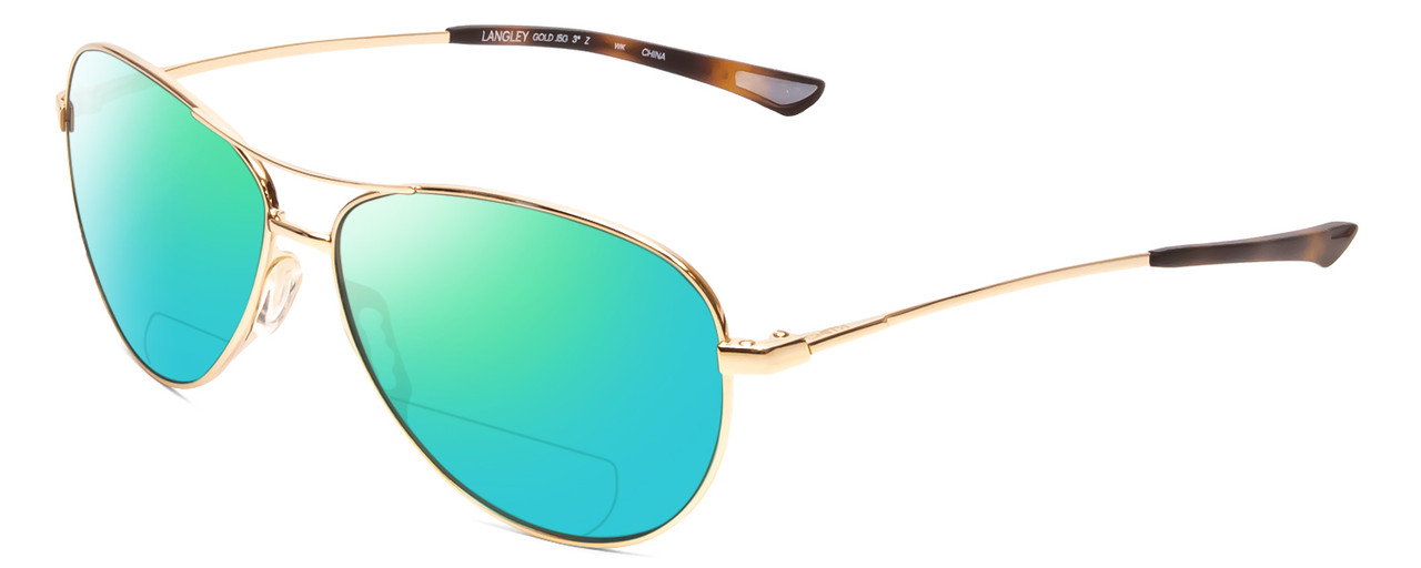 Profile View of Smith Optics Langley Designer Polarized Reading Sunglasses with Custom Cut Powered Green Mirror Lenses in Gold Unisex Pilot Full Rim Metal 60 mm