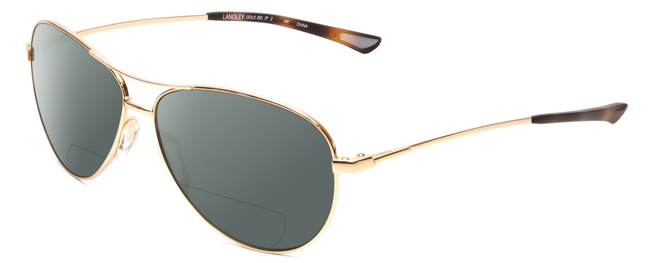 Profile View of Smith Optics Langley Designer Polarized Reading Sunglasses with Custom Cut Powered Smoke Grey Lenses in Gold Unisex Pilot Full Rim Metal 60 mm