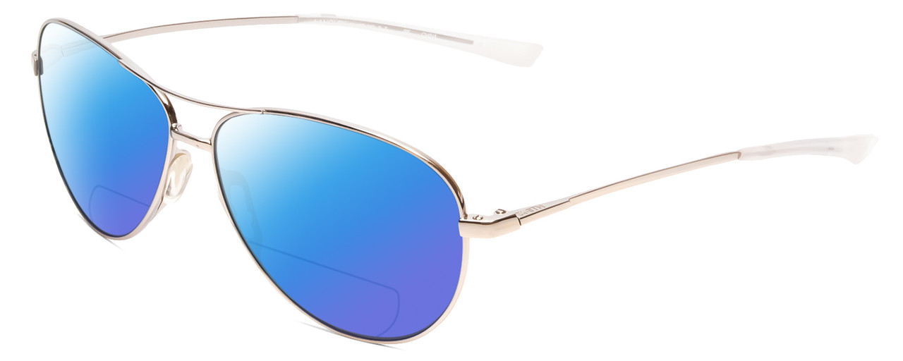 Profile View of Smith Optics Langley Designer Polarized Reading Sunglasses with Custom Cut Powered Blue Mirror Lenses in Silver Unisex Aviator Full Rim Metal 60 mm
