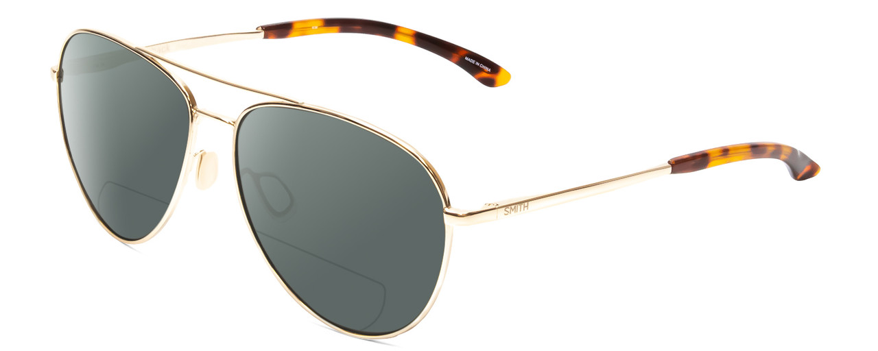 Profile View of Smith Optics Layback Designer Polarized Reading Sunglasses with Custom Cut Powered Smoke Grey Lenses in Gold Unisex Pilot Full Rim Metal 60 mm