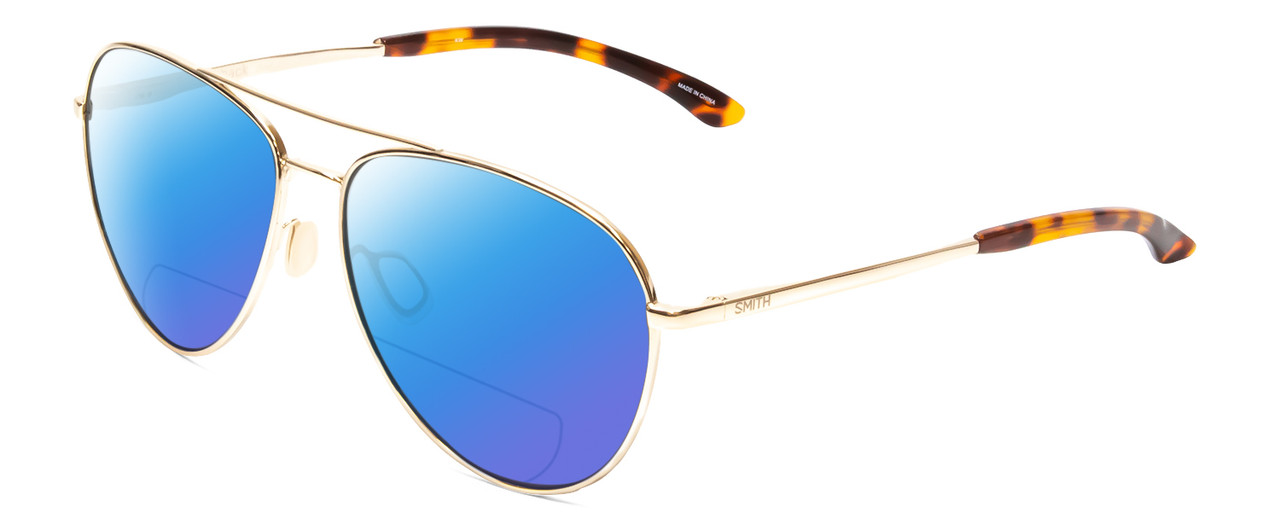 Profile View of Smith Optics Layback Designer Polarized Reading Sunglasses with Custom Cut Powered Blue Mirror Lenses in Gold Unisex Pilot Full Rim Metal 60 mm