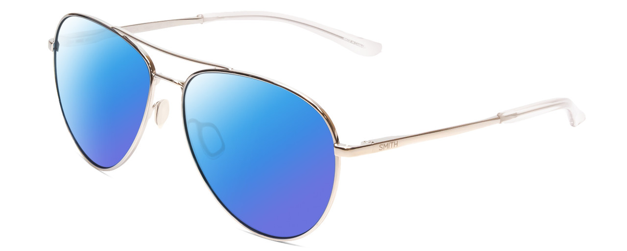 Profile View of Smith Optics Layback Designer Polarized Sunglasses with Custom Cut Blue Mirror Lenses in Silver Unisex Pilot Full Rim Metal 60 mm