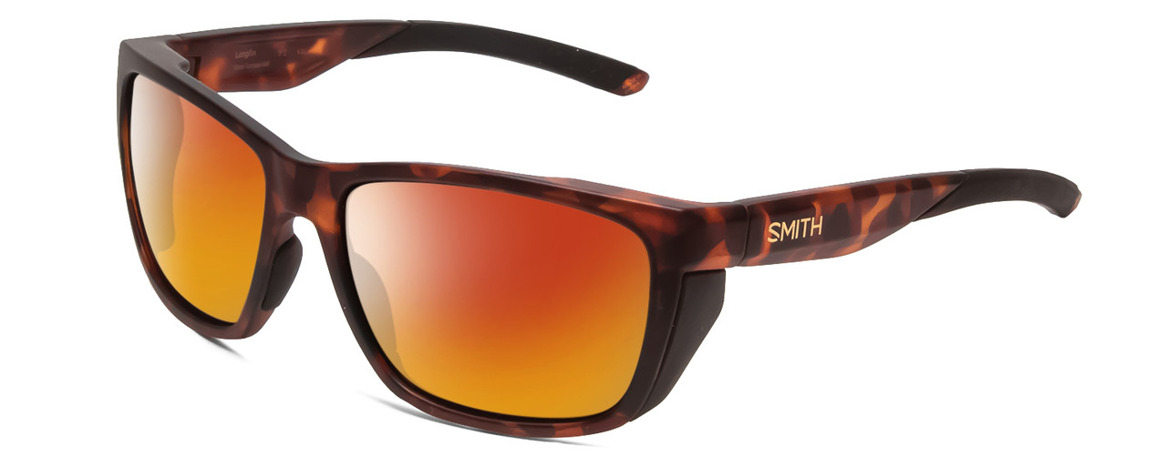 Profile View of Smith Optics Longfin Designer Polarized Sunglasses with Custom Cut Red Mirror Lenses in Matte Tortoise Havana Gold Unisex Wrap Full Rim Acetate 59 mm