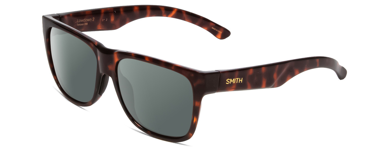 Profile View of Smith Optics Lowdown 2 Designer Polarized Sunglasses with Custom Cut Smoke Grey Lenses in Tortoise Havana Gold Unisex Classic Full Rim Acetate 55 mm