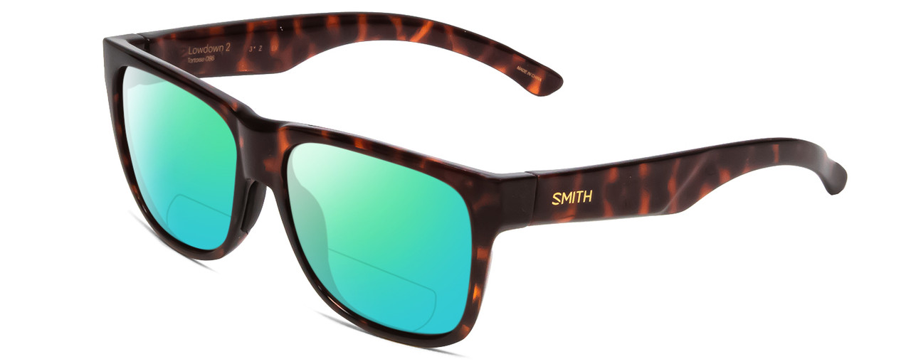 Profile View of Smith Optics Lowdown 2 Designer Polarized Reading Sunglasses with Custom Cut Powered Green Mirror Lenses in Tortoise Havana Gold Unisex Classic Full Rim Acetate 55 mm