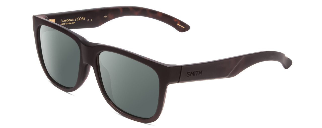 Profile View of Smith Optics Lowdown 2 Core Designer Polarized Sunglasses with Custom Cut Smoke Grey Lenses in Matte Tortoise Havana Gold Unisex Classic Full Rim Acetate 55 mm