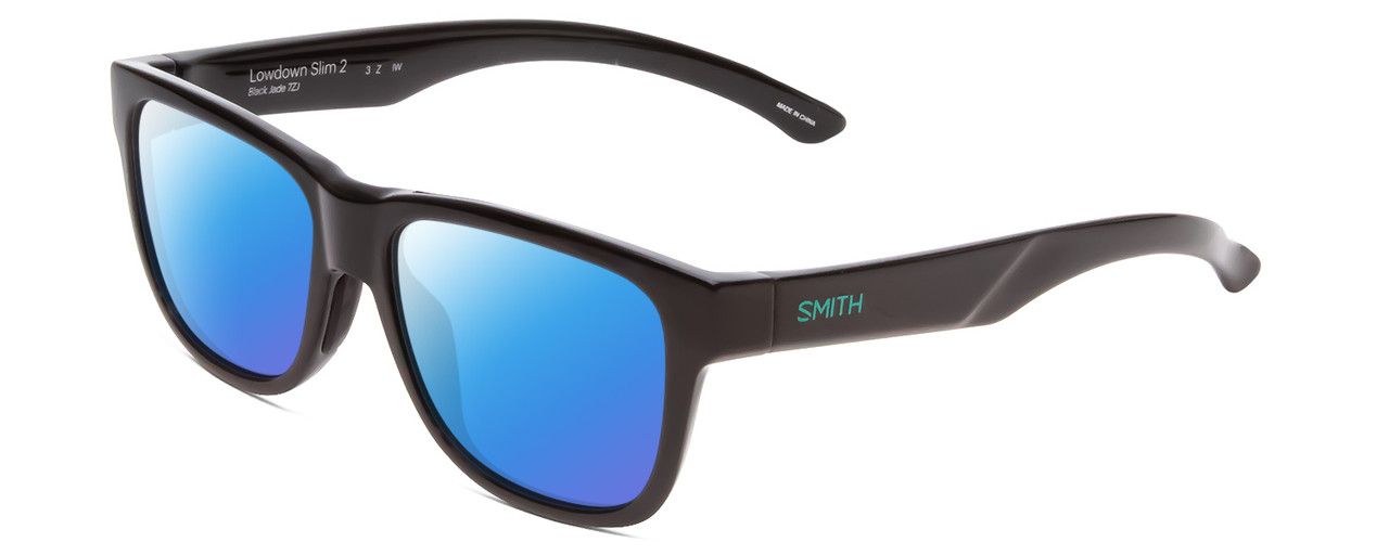 Profile View of Smith Optics Lowdown Slim 2 Designer Polarized Sunglasses with Custom Cut Blue Mirror Lenses in Gloss Black Jade Green Unisex Classic Full Rim Acetate 53 mm