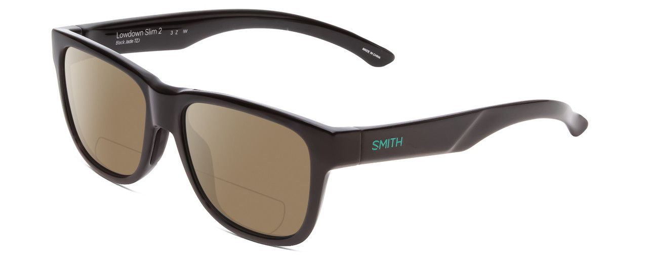 Profile View of Smith Optics Lowdown Slim 2 Designer Polarized Reading Sunglasses with Custom Cut Powered Amber Brown Lenses in Gloss Black Jade Green Unisex Classic Full Rim Acetate 53 mm