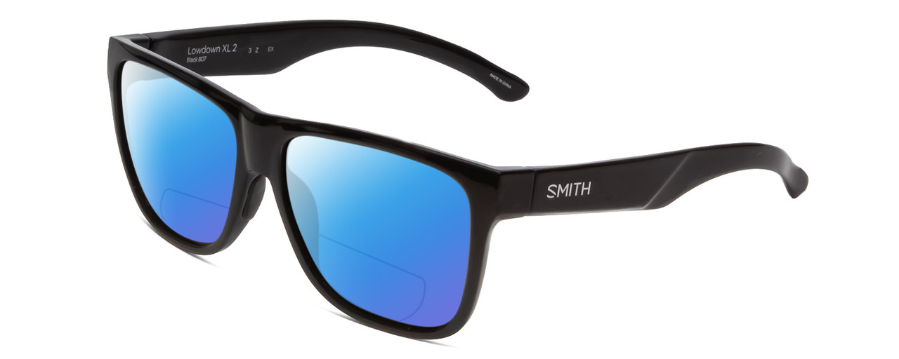 Profile View of Smith Optics Lowdown Xl 2 Designer Polarized Reading Sunglasses with Custom Cut Powered Blue Mirror Lenses in Gloss Black Unisex Classic Full Rim Acetate 60 mm