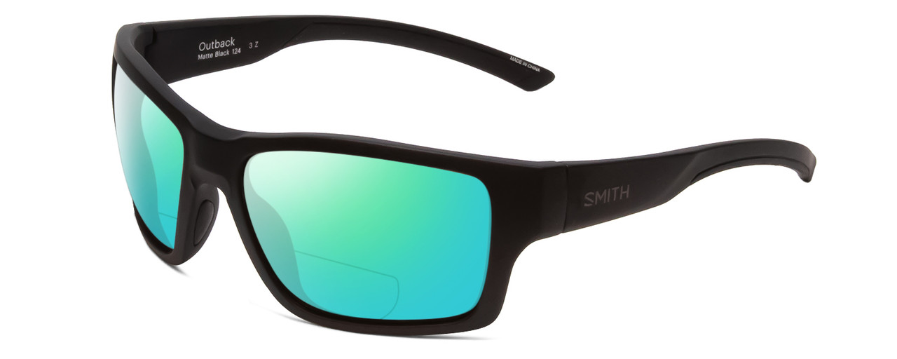 Profile View of Smith Optics Outback Designer Polarized Reading Sunglasses with Custom Cut Powered Green Mirror Lenses in Matte Black Unisex Square Full Rim Acetate 59 mm
