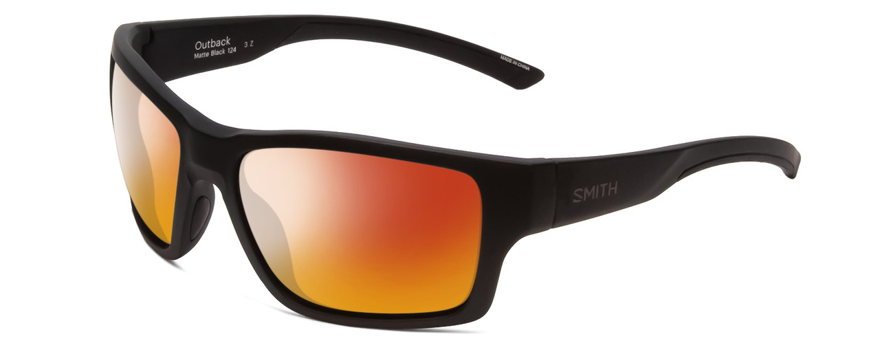 Profile View of Smith Optics Outback Designer Polarized Sunglasses with Custom Cut Red Mirror Lenses in Matte Black Unisex Square Full Rim Acetate 59 mm