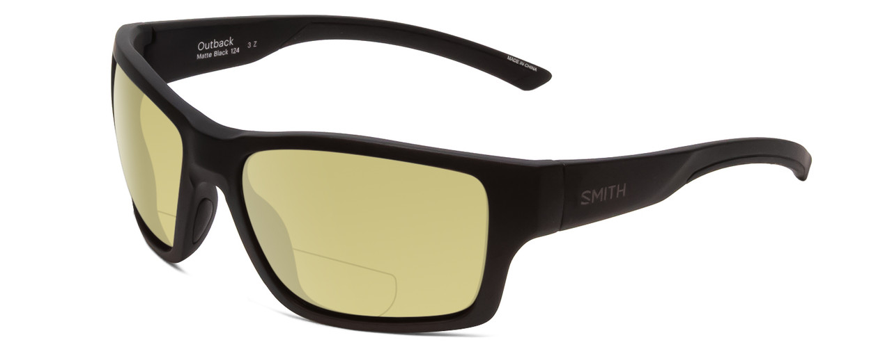 Profile View of Smith Optics Outback Designer Polarized Reading Sunglasses with Custom Cut Powered Sun Flower Yellow Lenses in Matte Black Unisex Square Full Rim Acetate 59 mm